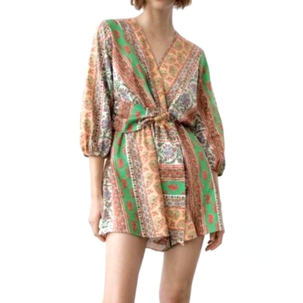 ZARA Colorful Paisley Printed Bohemian Chic Resort Linen Blend Playsuit/Romper S